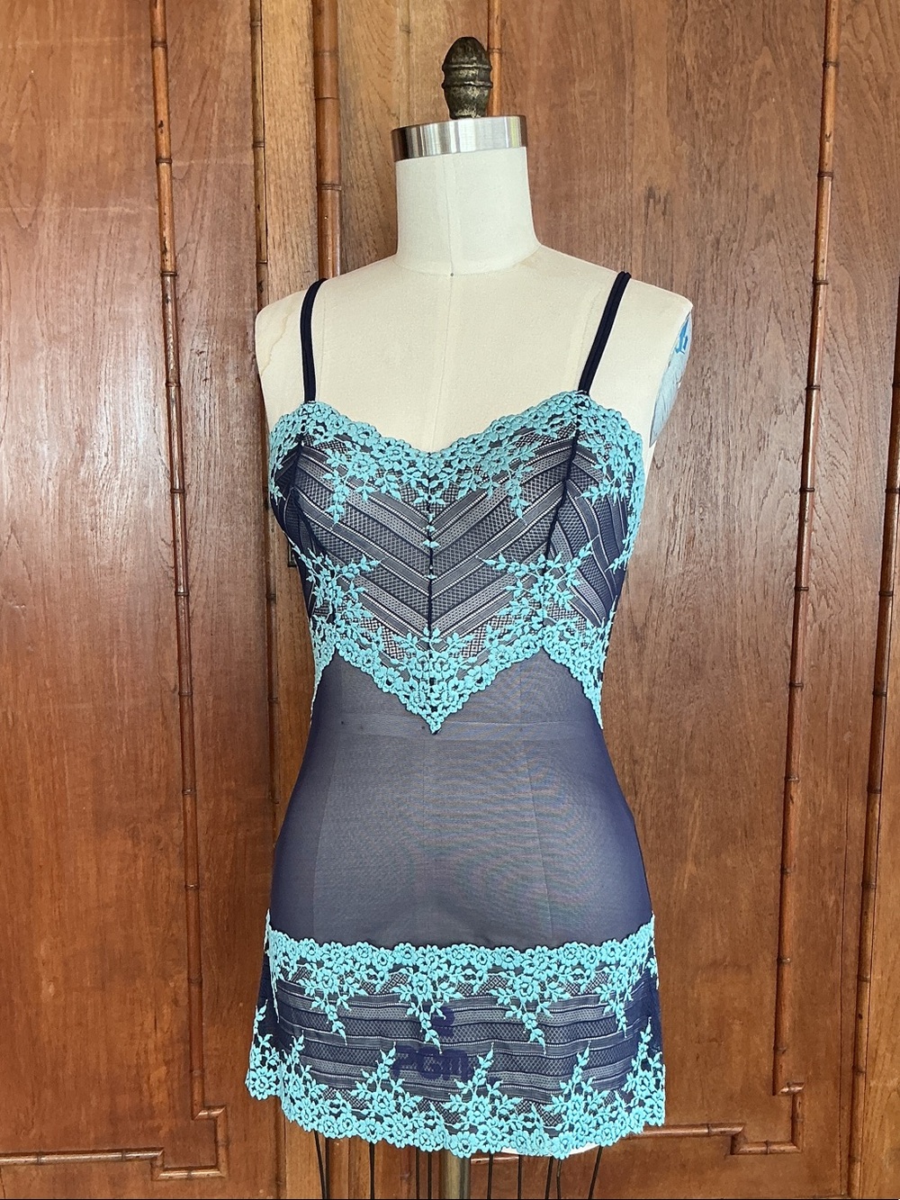 Wacoal Navy and Teal Lace-Trim Sheer Chemise NWOT